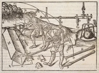 Kivilohkareiden siirtomenetelmät, Gotardo de Ponte Comon teoksesta "Di Lucio Vitruvio Pollione de architectura a libri dece", 1521.
